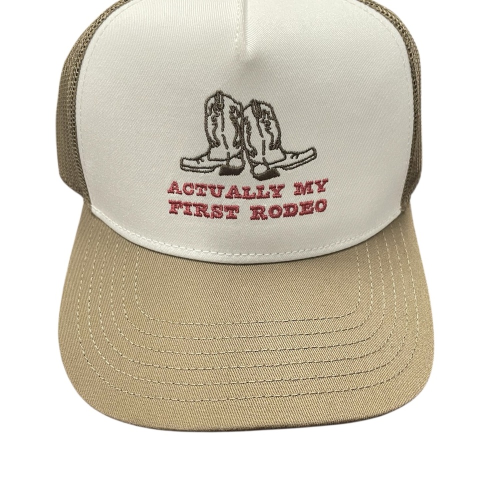 Tan and White Trucker Hat with Embroidered Design